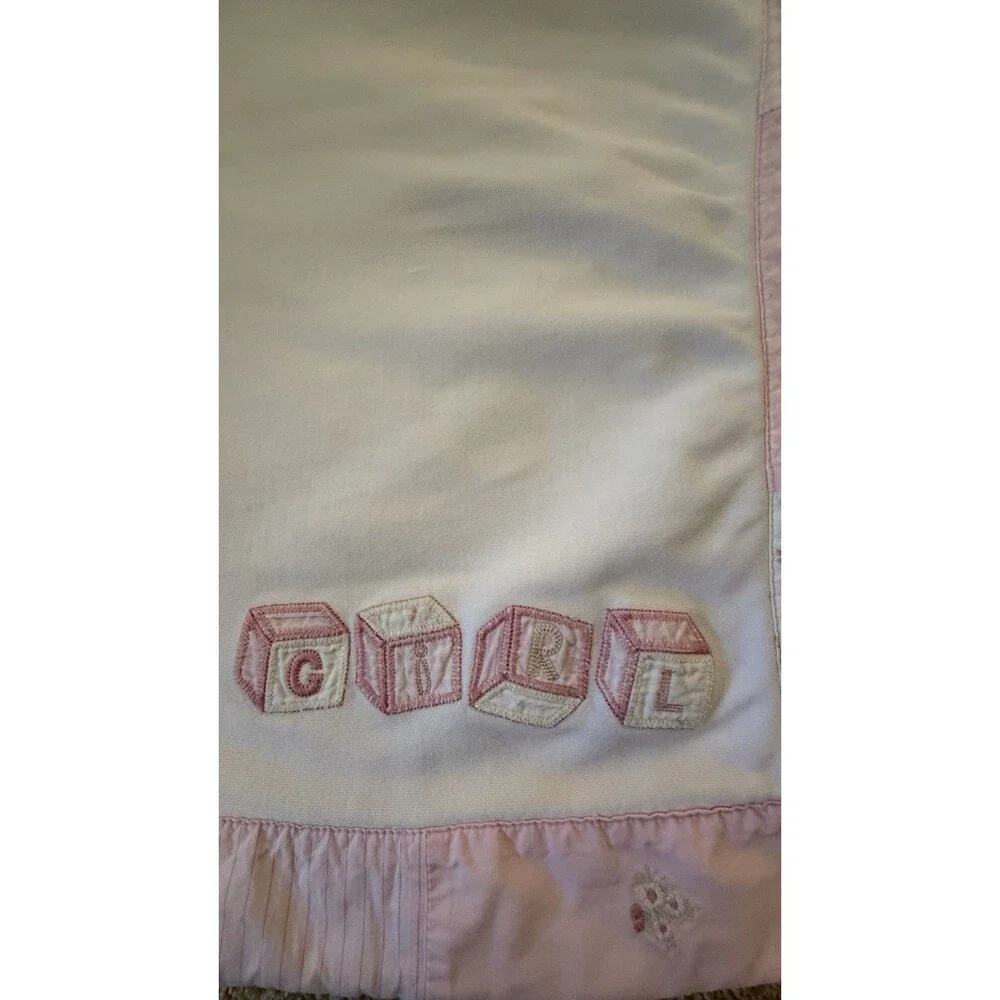 Vintage 2002 Gymboree Baby Girl Blanket Pink White Patchwork Embroidered Blocks